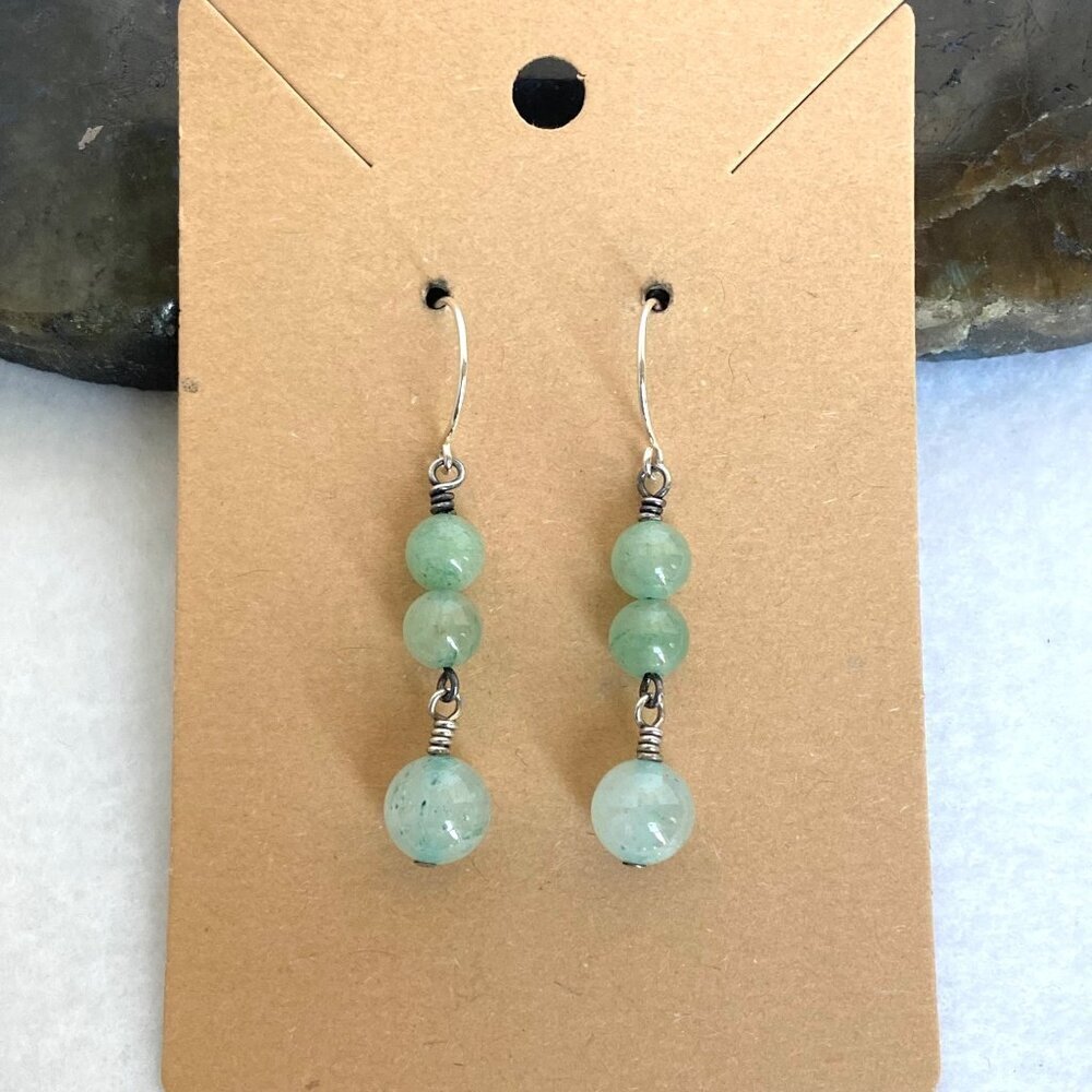 Sterling Silver 925 Round Green Aventurine Beaded Dangle Drop Earrings